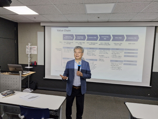 염용섭 SK경영경제연구소 소장이 3일 안민정책포럼(이사장 유일호)이 개최한 세미나에서 '생성형 AI의 현주소-Big Player들이 이야기'란 주제로 강연을 하고 있다.    [안민정책포럼 제공]